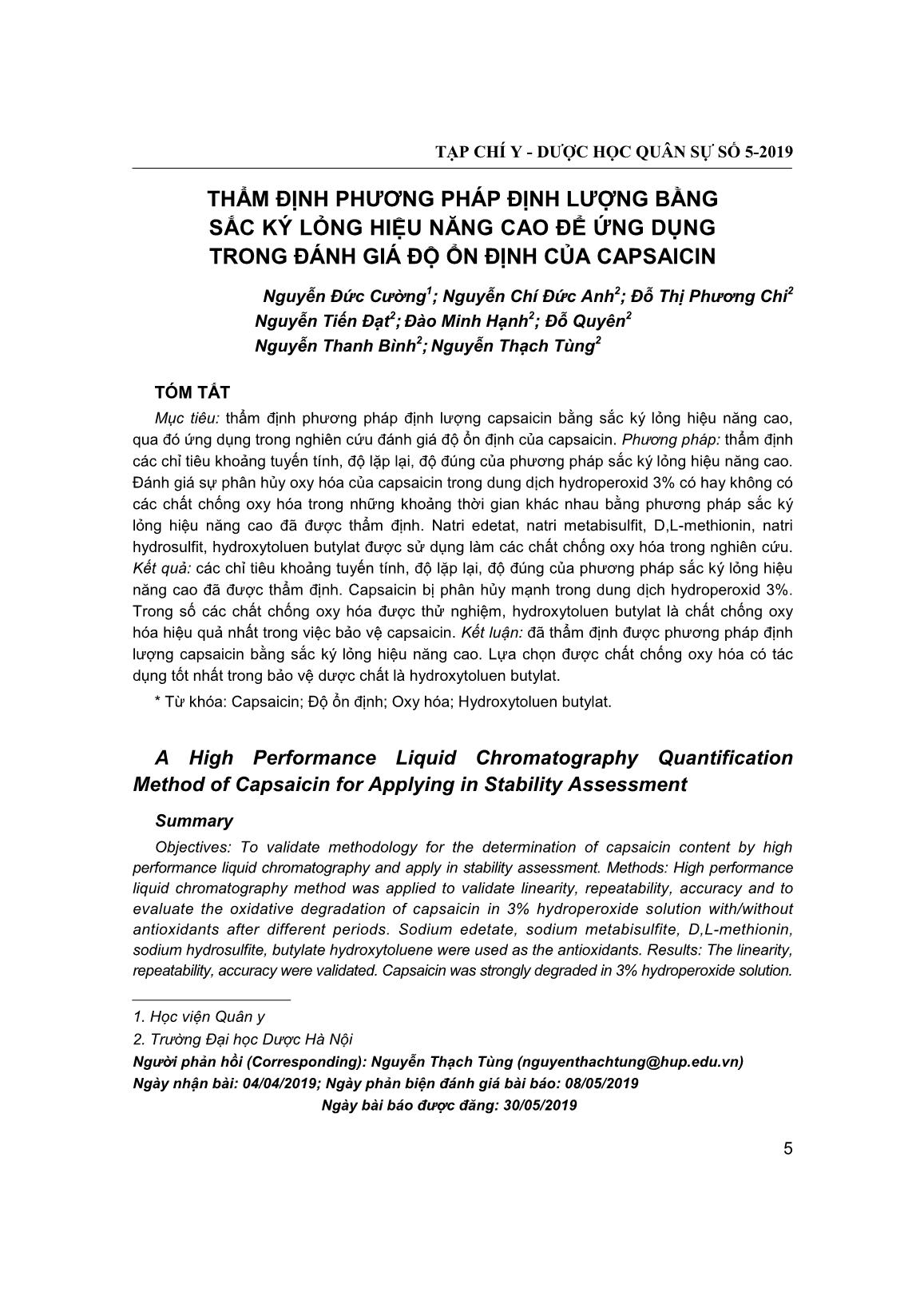 Thẩm định phương pháp định lượng bằng sắc ký lỏng hiệu năng cao để ứng dụng trong đánh giá độ ổn định của Capsaicin trang 1