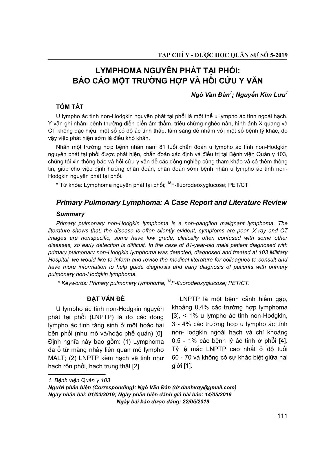 Lymphoma nguyên phát tại phổi: Báo cáo một trường hợp và hồi cứu y văn trang 1