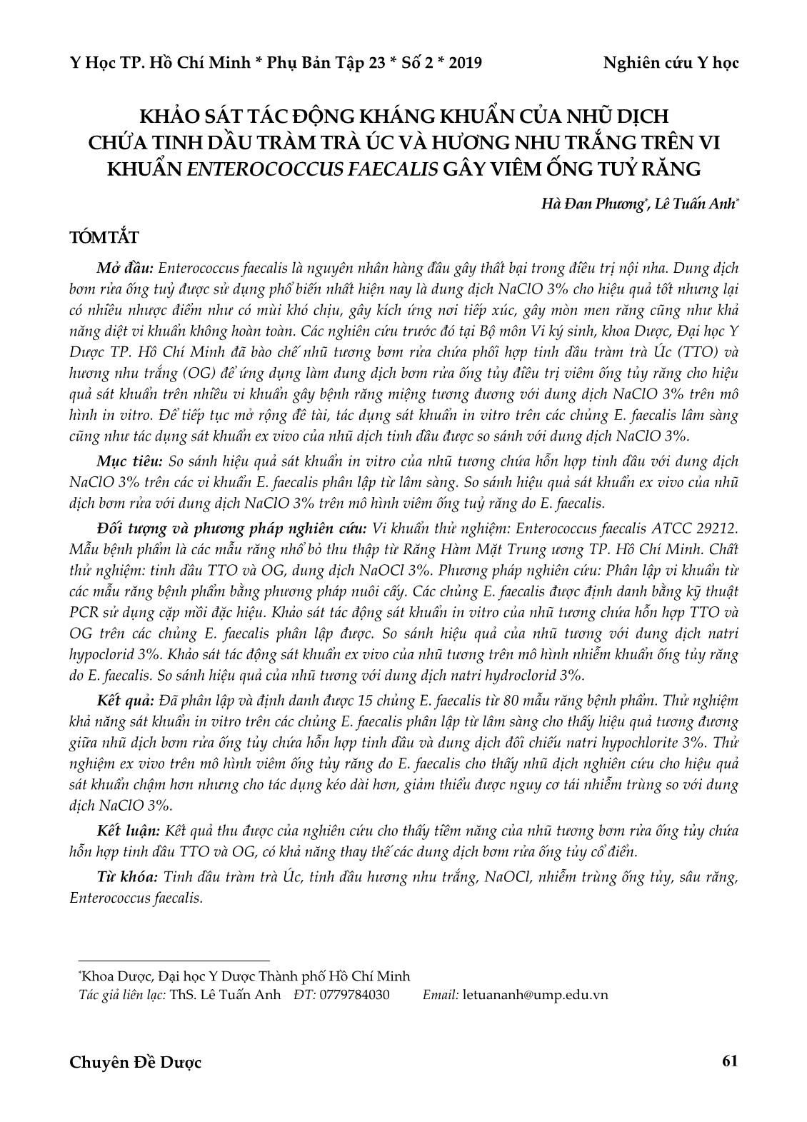 Khảo sát tác động kháng khuẩn của nhũ dịch chứa tinh dầu tràm trà úc và hương nhu trắng trên vi khuẩn Enterococcus Faecalis gây viêm ống tuỷ răng trang 1