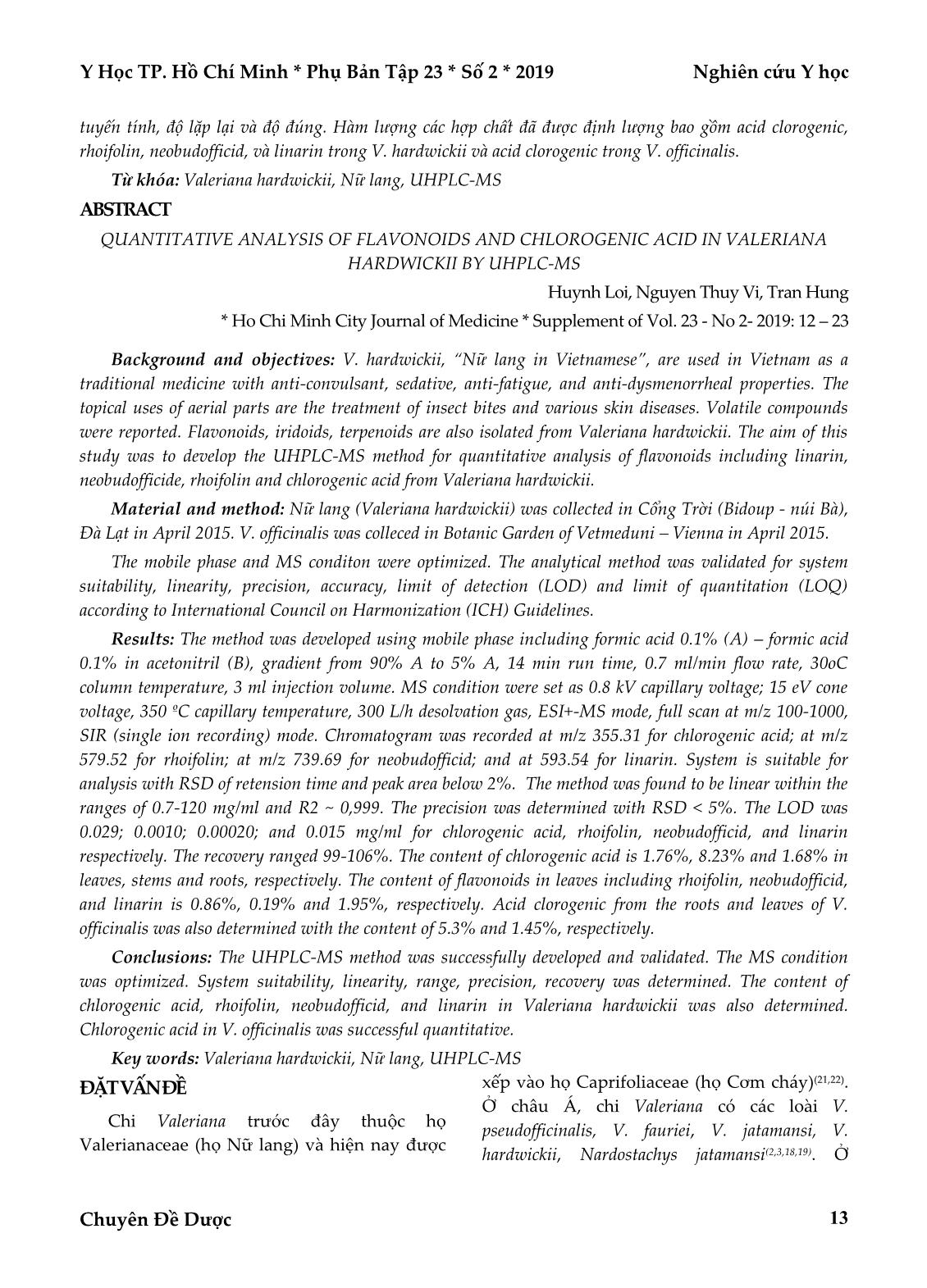 Xây dựng quy trình định lượng các Flavonoid và Acid Clorogenic trong nữ lang (Valeriana Hardwickii) bằng UHPLC-MS trang 2