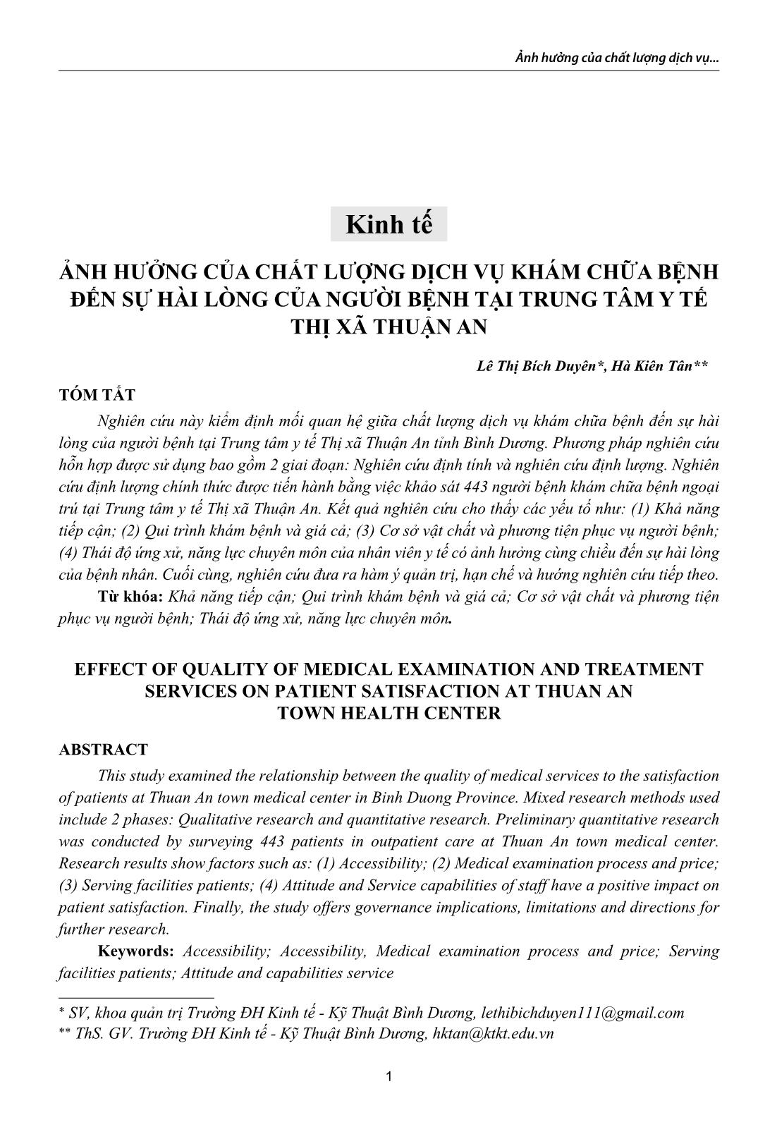 Ảnh hưởng của chất lượng dịch vụ khám chữa bệnh đến sự hài lòng của người bệnh tại Trung tâm Y tế Thị xã Thuận An trang 1