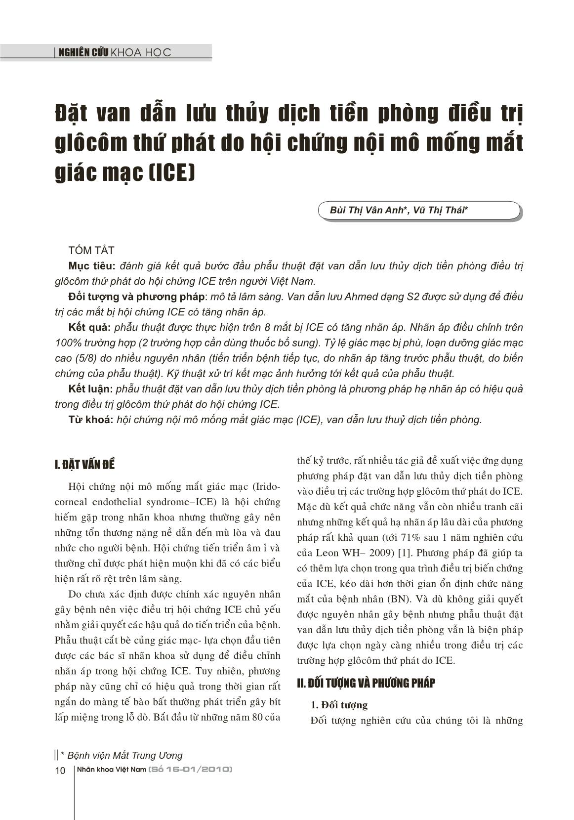 Đặt van dẫn lưu thủy dịch tiền phòng điều trị glôcôm thứ phát do hội chứng nội mô mống mắt giác mạc (ICE) trang 1