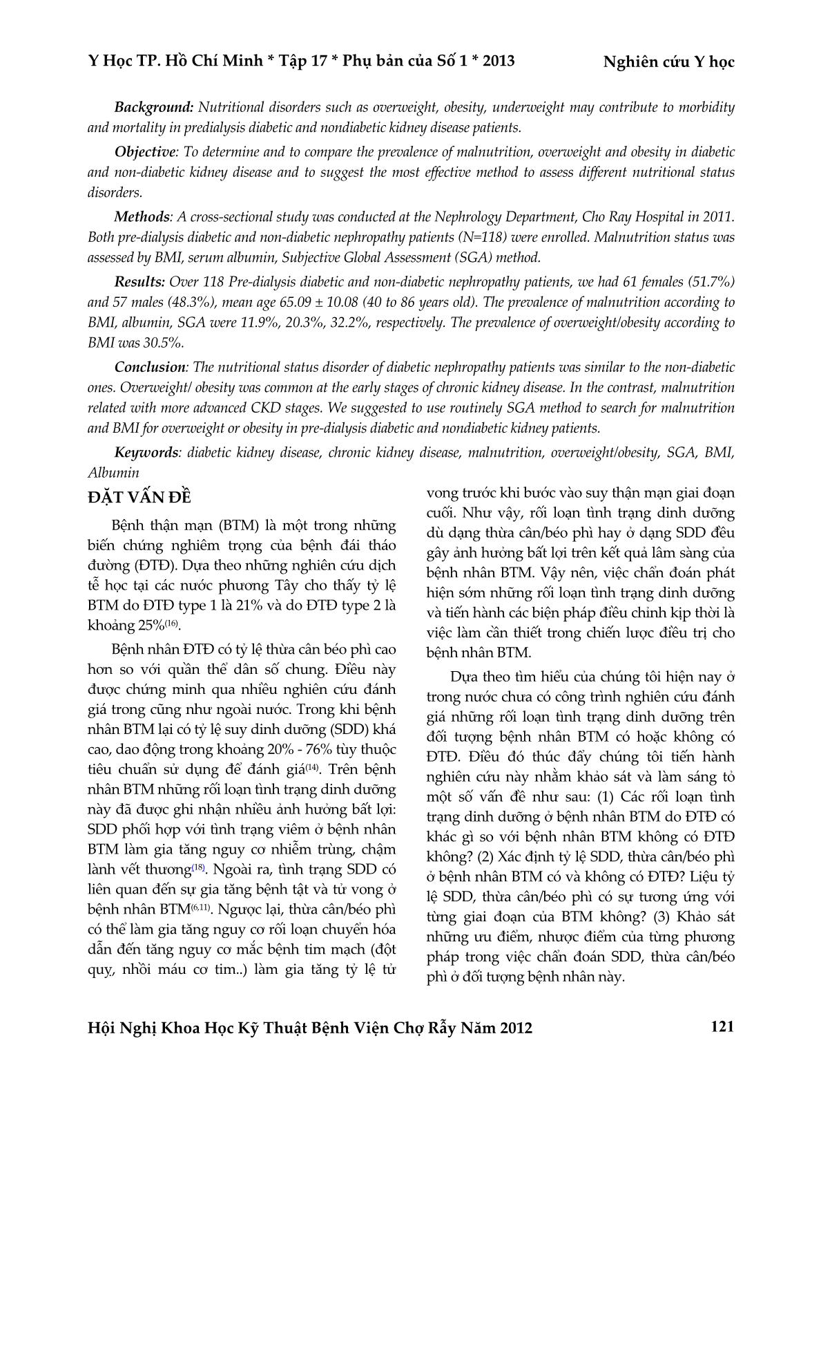 Vai trò của chỉ số khối cơ thể và bảng phân loại SGA trong việc đánh giá dinh dưỡng ở bệnh nhân bệnh thận mạn có hay không có đái tháo đường trang 2