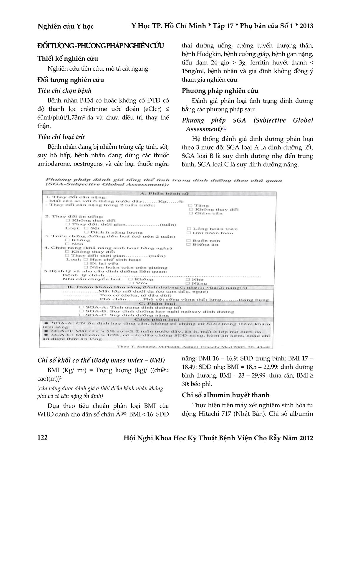 Vai trò của chỉ số khối cơ thể và bảng phân loại SGA trong việc đánh giá dinh dưỡng ở bệnh nhân bệnh thận mạn có hay không có đái tháo đường trang 3