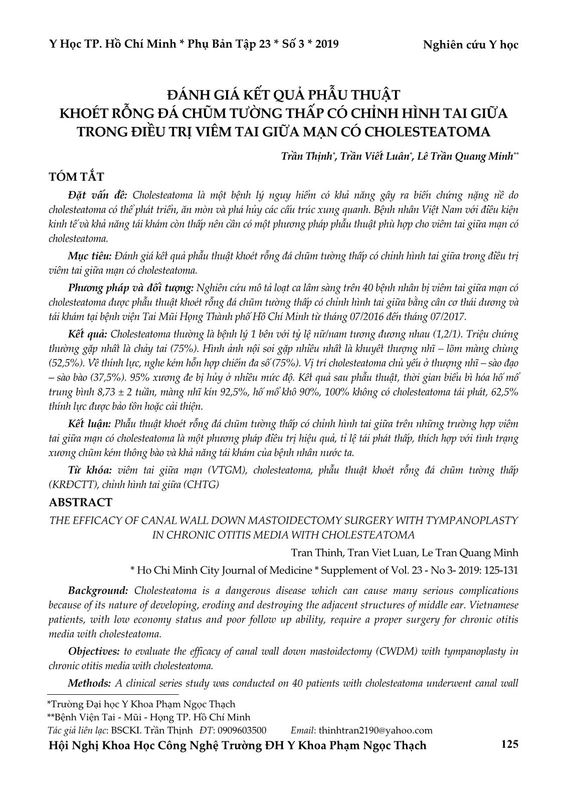 Đánh giá kết quả phẫu thuật khoét rỗng đá chũm tường thấp có chỉnh hình tai giữa trong điều trị viêm tai giữa mạn có cholesteatoma trang 1