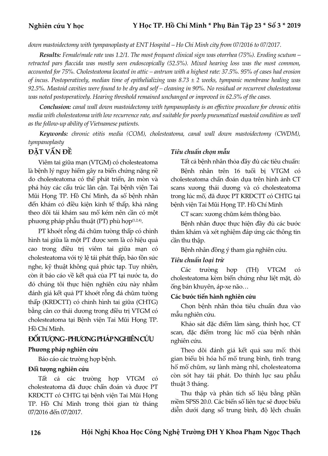 Đánh giá kết quả phẫu thuật khoét rỗng đá chũm tường thấp có chỉnh hình tai giữa trong điều trị viêm tai giữa mạn có cholesteatoma trang 2