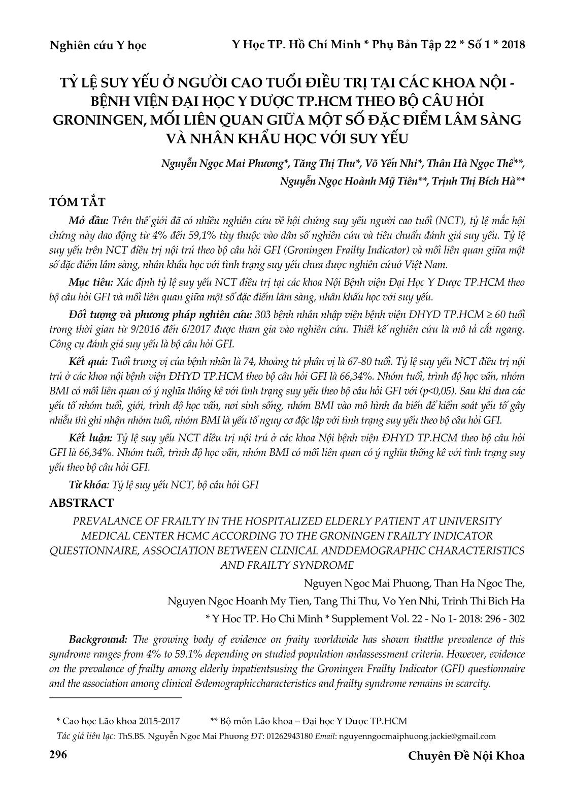 Tỷ lệ suy yếu ở người cao tuổi điều trị tại các khoa nội - Bệnh viện Đại học y dược TP HCM theo bộ câu hỏi groningen, mối liên quan giữa một số đặc điểm lâm sàng và nhân khẩu học với suy yếu trang 1