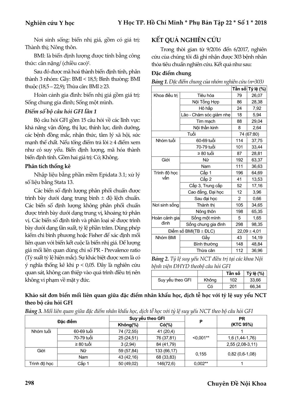 Tỷ lệ suy yếu ở người cao tuổi điều trị tại các khoa nội - Bệnh viện Đại học y dược TP HCM theo bộ câu hỏi groningen, mối liên quan giữa một số đặc điểm lâm sàng và nhân khẩu học với suy yếu trang 3