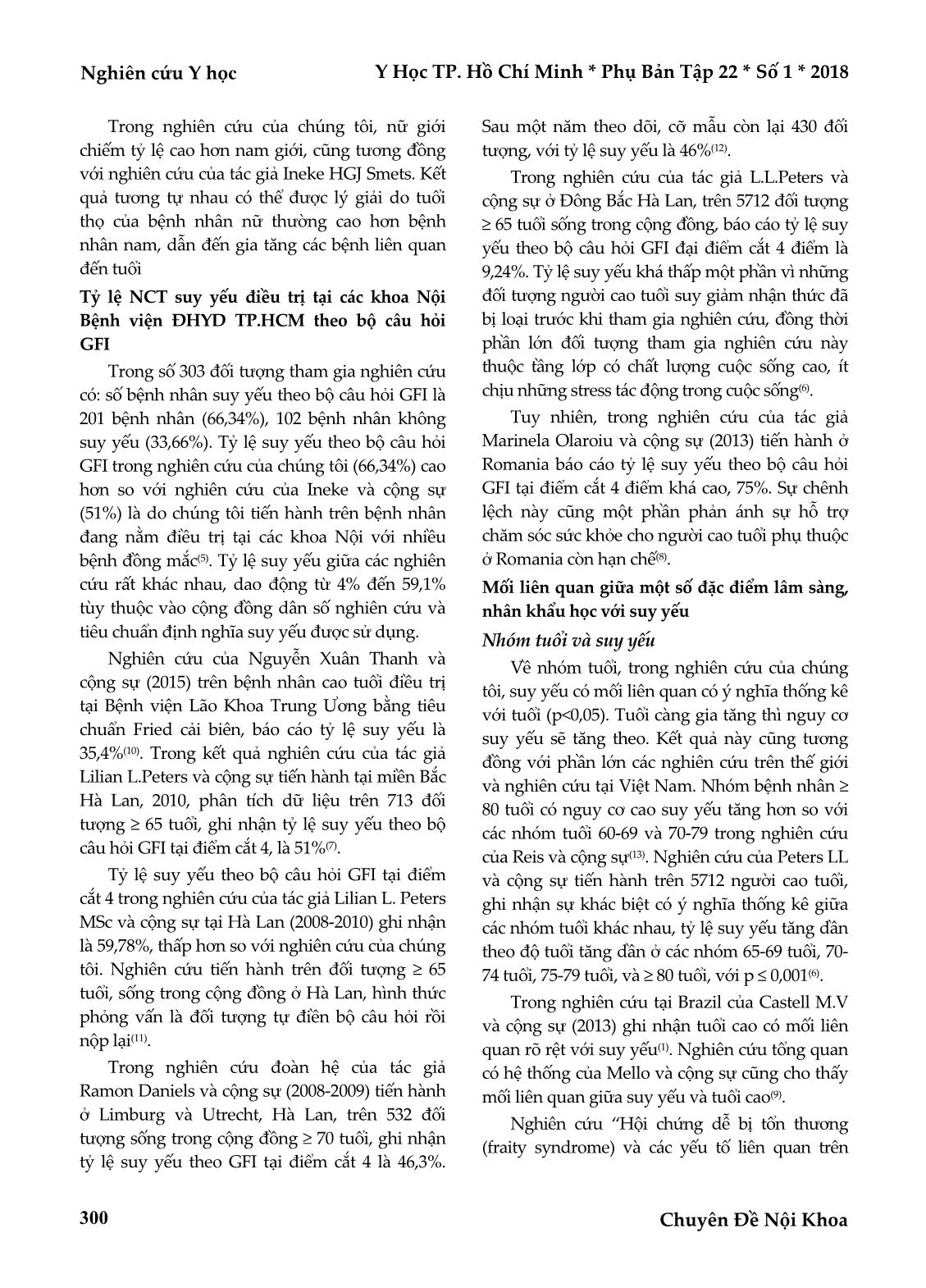 Tỷ lệ suy yếu ở người cao tuổi điều trị tại các khoa nội - Bệnh viện Đại học y dược TP HCM theo bộ câu hỏi groningen, mối liên quan giữa một số đặc điểm lâm sàng và nhân khẩu học với suy yếu trang 5