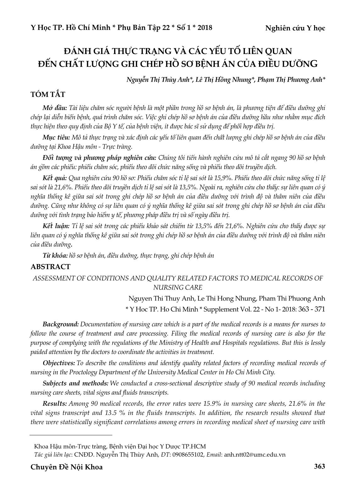 Đánh giá thực trạng và các yếu tố liên quan đến chất lượng ghi chép hồ sơ bệnh án của điều dưỡng trang 1