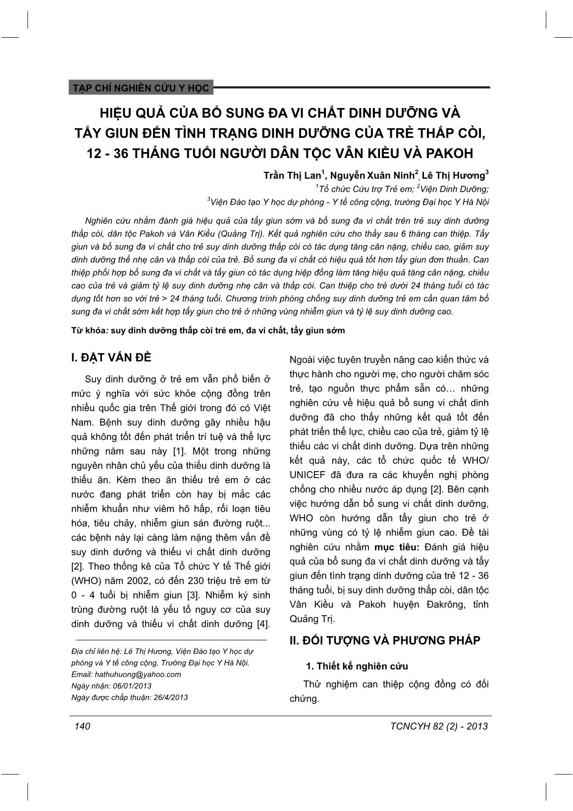 Hiệu quả của bổ sung đa vi chất dinh dưỡng và tẩy giun đến tình trạng dinh dưỡng của trẻ thấp còi, 12 - 36 tháng tuổi người dân tộc Vân Kiều và Pakoh trang 1