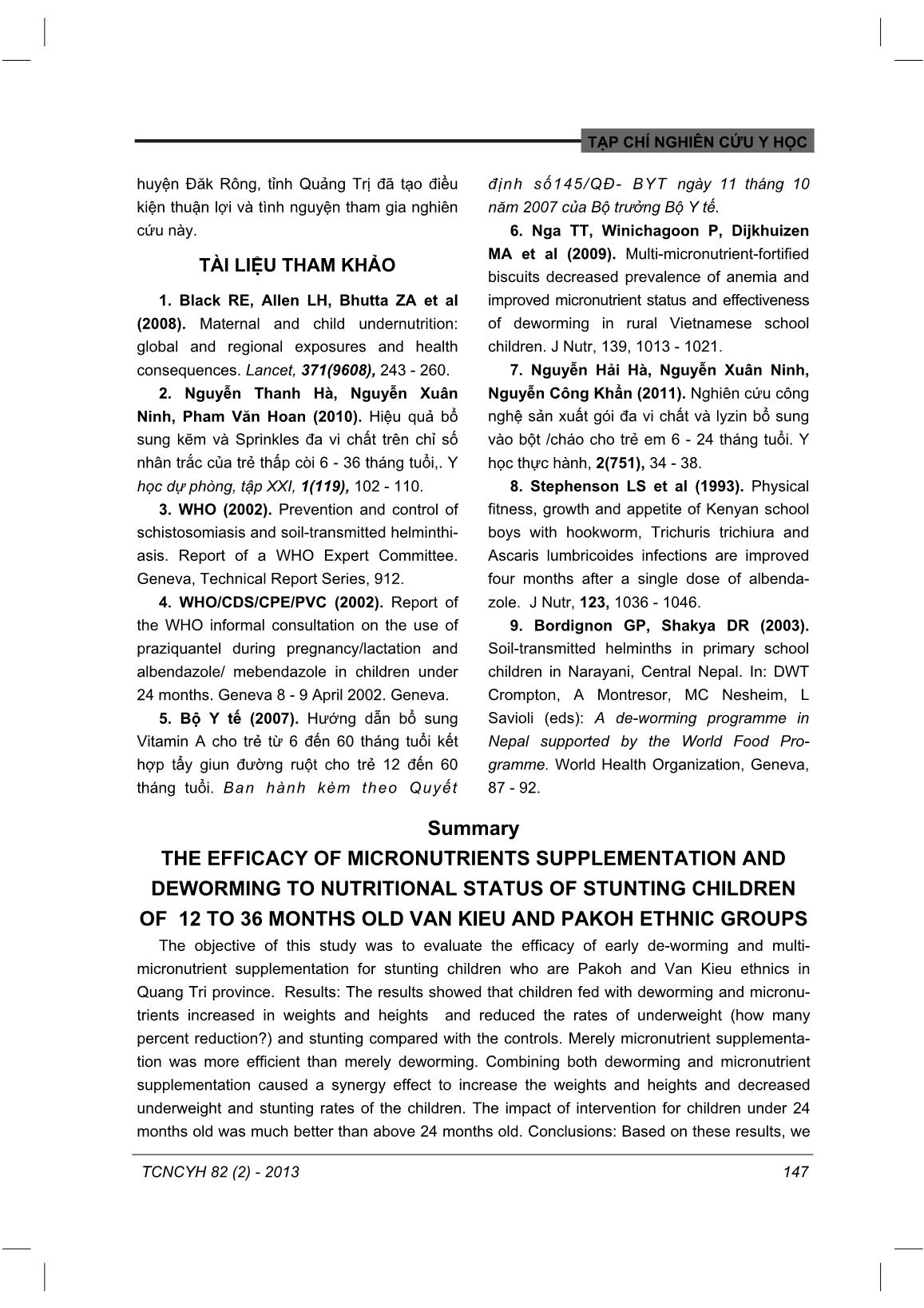 Hiệu quả của bổ sung đa vi chất dinh dưỡng và tẩy giun đến tình trạng dinh dưỡng của trẻ thấp còi, 12 - 36 tháng tuổi người dân tộc Vân Kiều và Pakoh trang 8