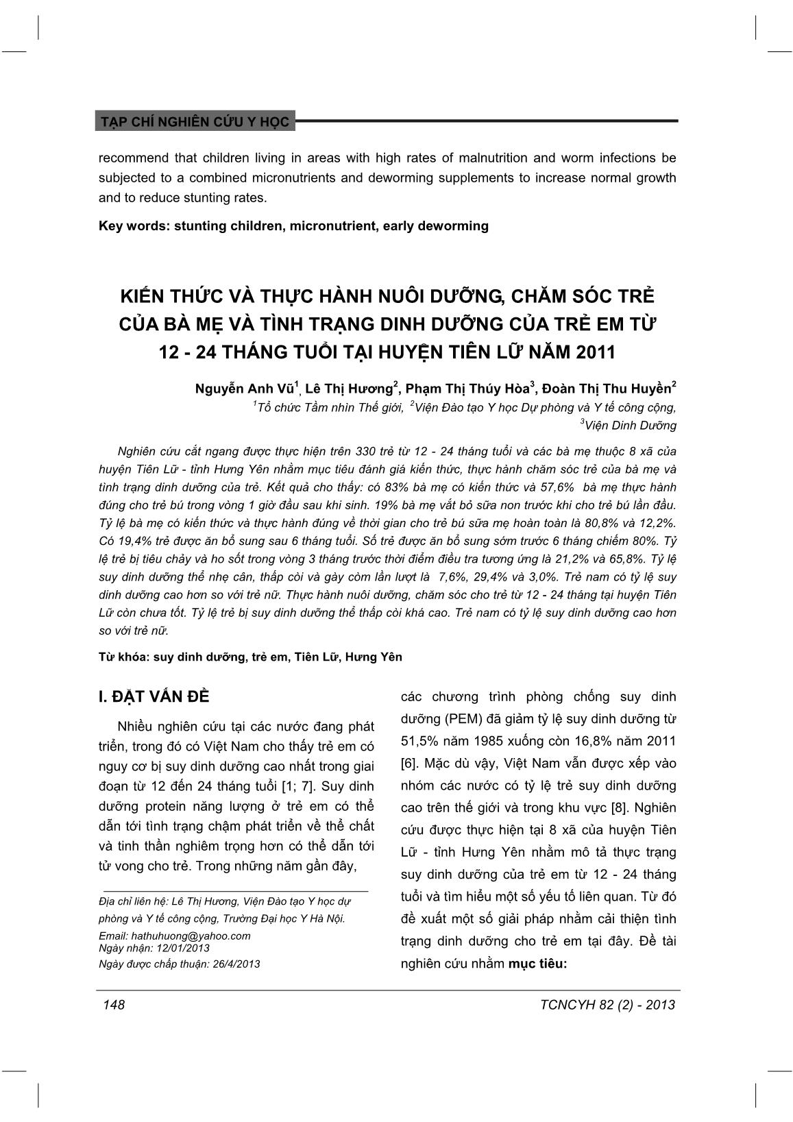 Hiệu quả của bổ sung đa vi chất dinh dưỡng và tẩy giun đến tình trạng dinh dưỡng của trẻ thấp còi, 12 - 36 tháng tuổi người dân tộc Vân Kiều và Pakoh trang 9