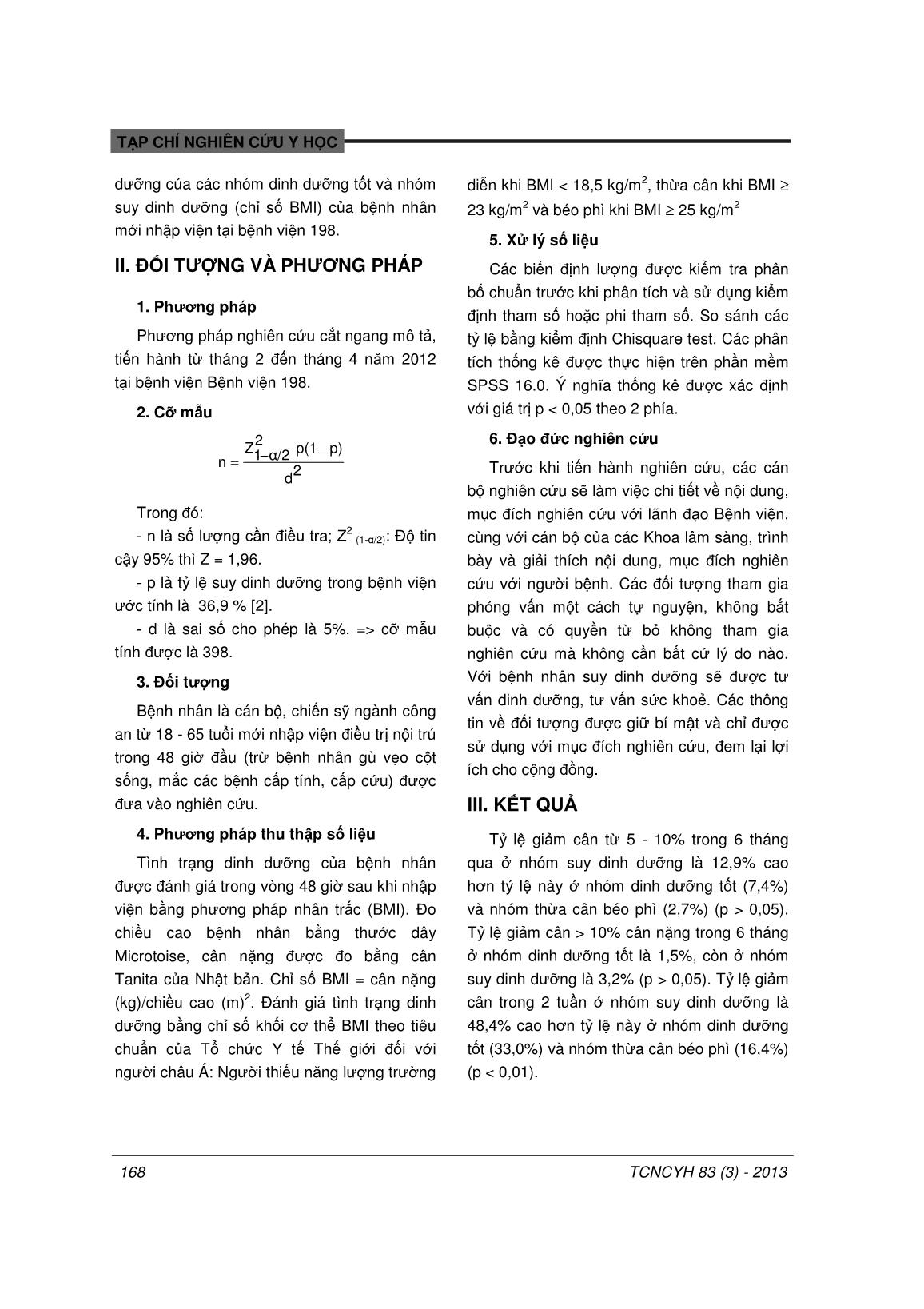 So sánh chỉ số dinh dưỡng giữa các nhóm theo chỉ số BMI của bệnh nhân tại Bệnh viện 198 năm 2012 trang 2