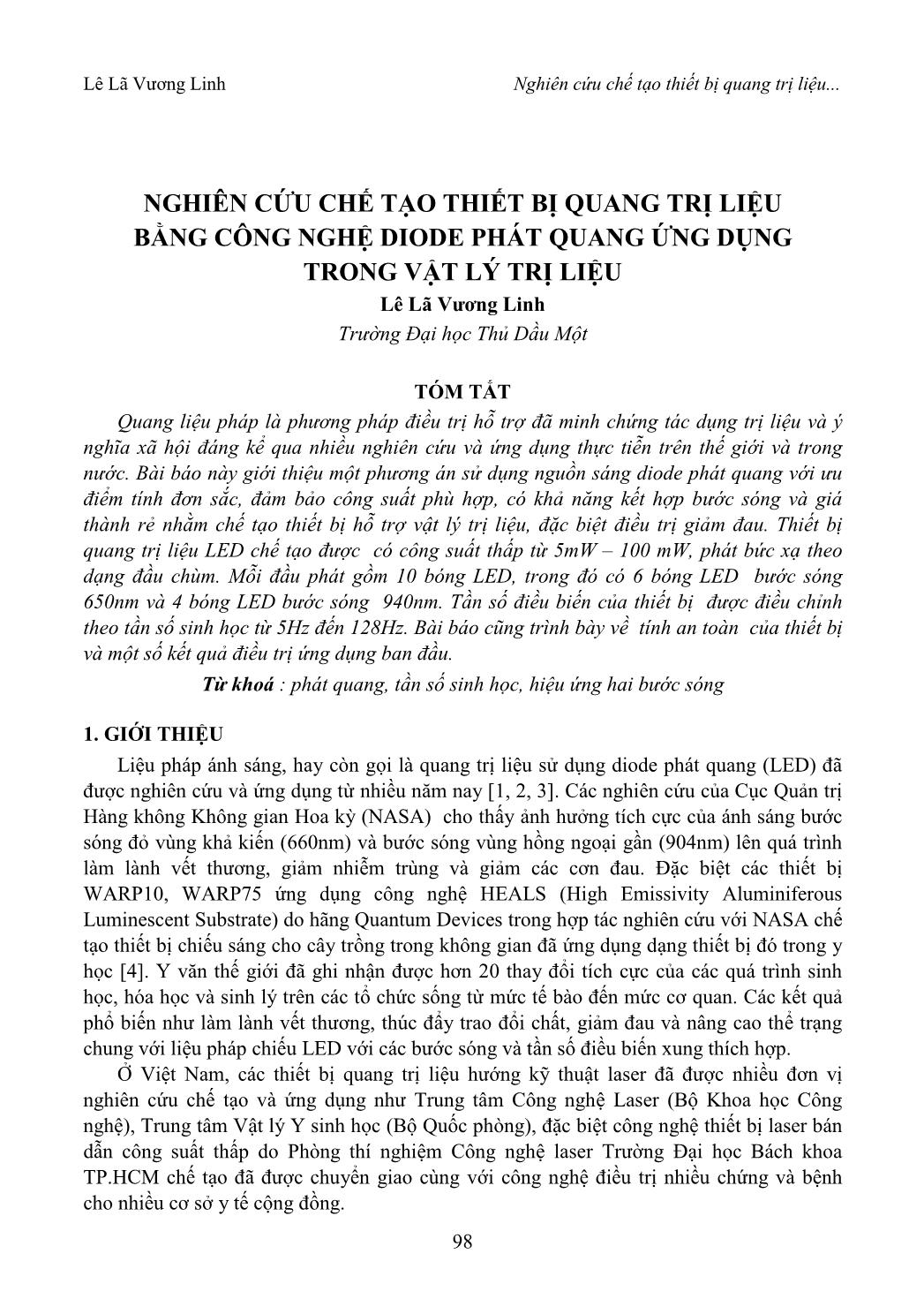 Nghiên cứu chế tạo thiết bị quang trị liệu bằng công nghệ Diode phát quang ứng dụng trong vật lý trị liệu trang 1