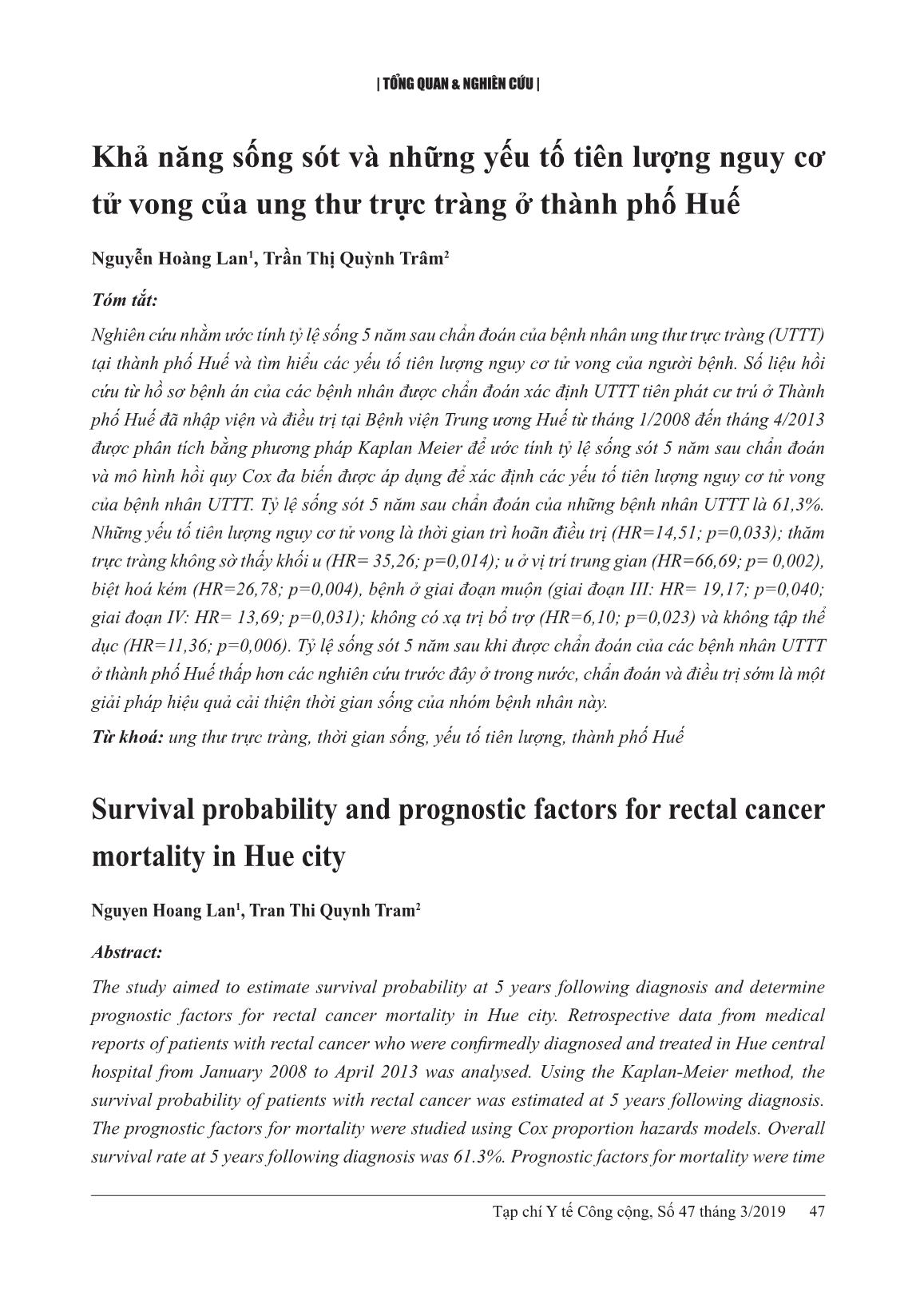 Khả năng sống sót và những yếu tố tiên lượng nguy co tử vong của ung thư trực tràng ở Thành phố Huế trang 1