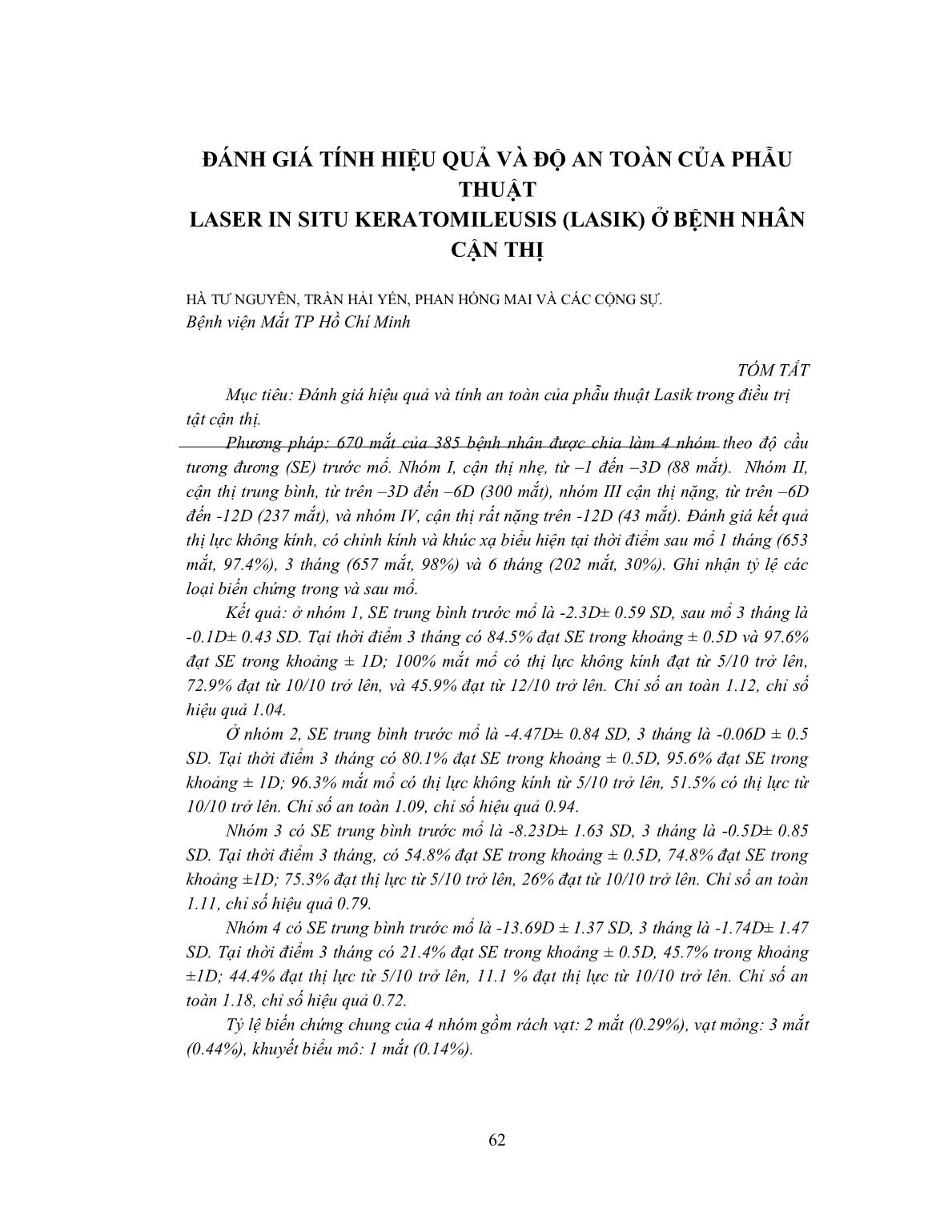 Đánh giá tính hiệu quả và độ an toàn của phẫu thuật Laser in situ keratomileusis (LASIK) ở bệnh nhân cận thị trang 1