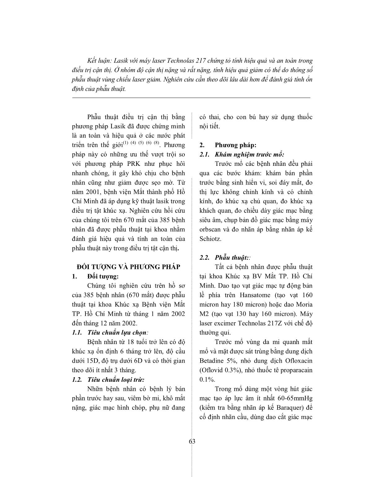 Đánh giá tính hiệu quả và độ an toàn của phẫu thuật Laser in situ keratomileusis (LASIK) ở bệnh nhân cận thị trang 2
