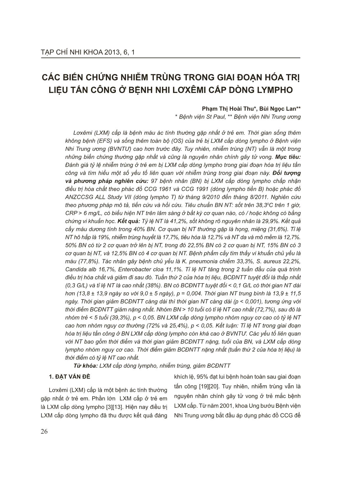 Các biến chứng nhiễm trùng trong giai đoạn hóa trị liệu tấn công ở bệnh nhi Lơxêmi cấp dòng lympho trang 1