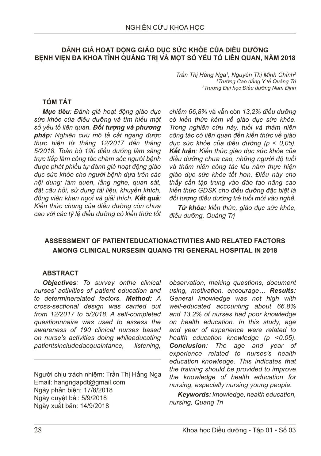 Đánh giá hoạt động giáo dục sức khỏe của điều dưỡng Bệnh viện Đa khoa tỉnh Quảng Trị và một số yếu tố liên quan, năm 2018 trang 1