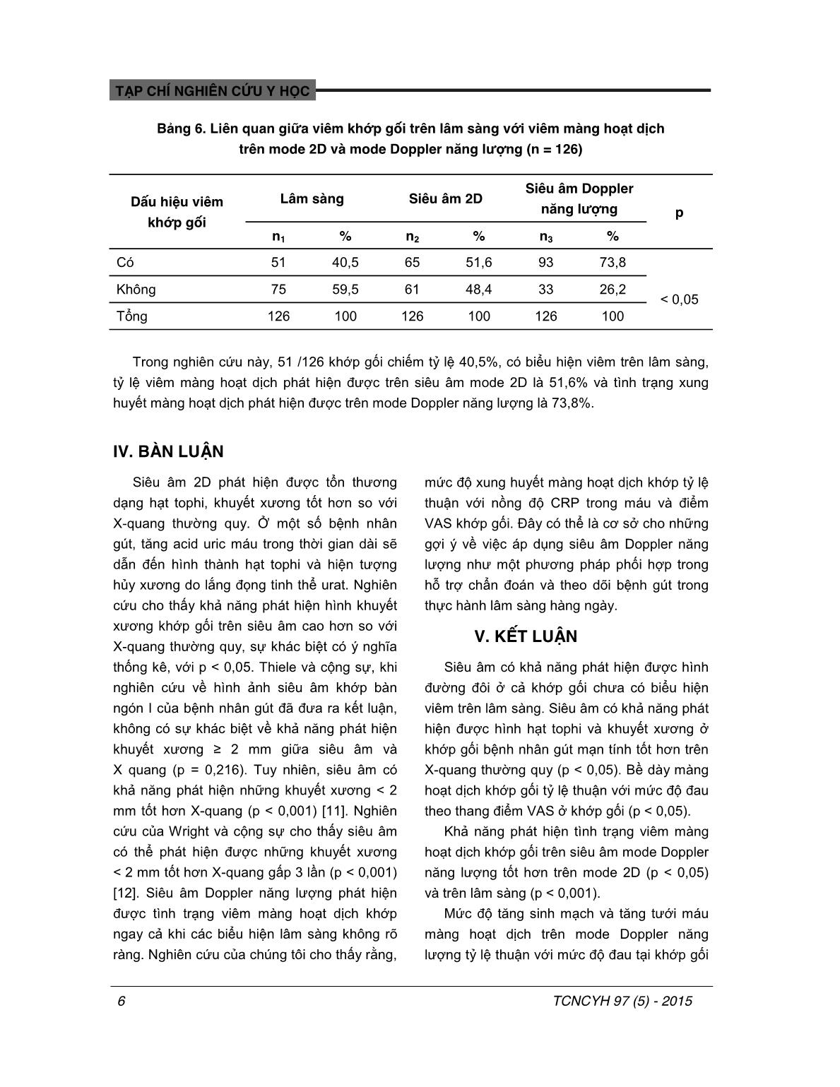 Mối liên quan giữa hình ảnh siêu âm 2D, siêu âm doppler năng lượng của khớp gối với một số đặc điểm lâm sàng, cận lâm sàng trong bệnh gút trang 6