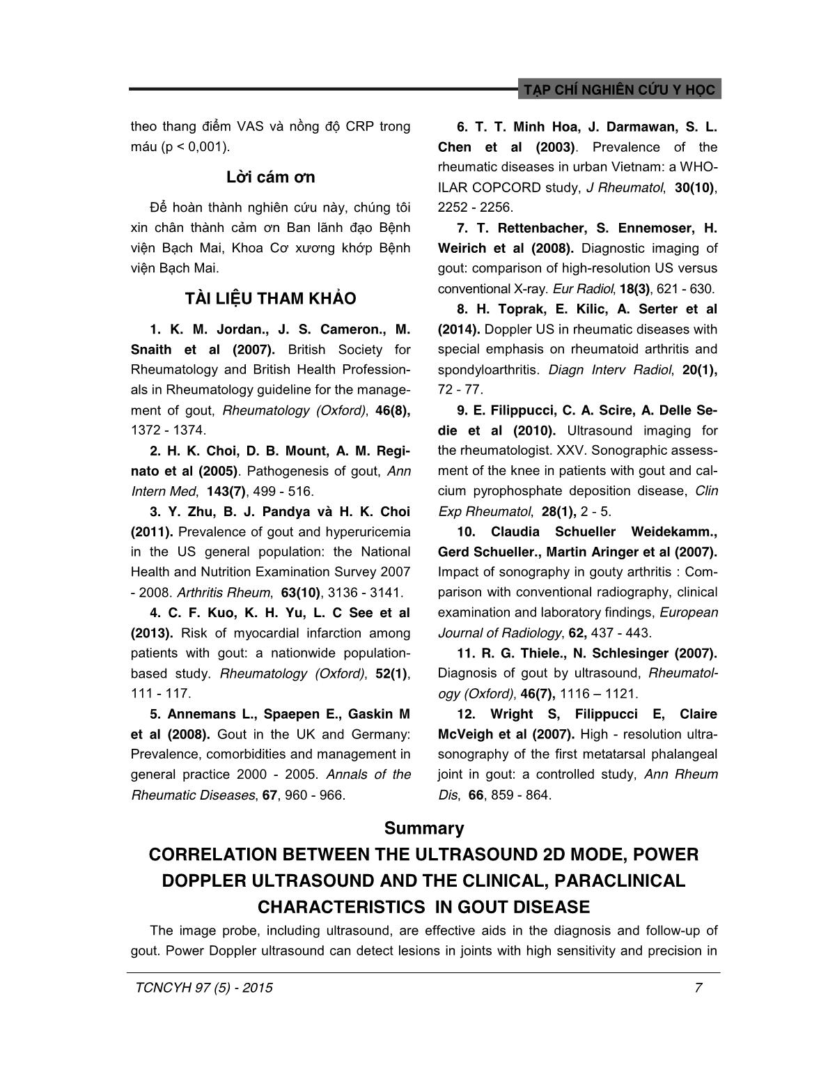 Mối liên quan giữa hình ảnh siêu âm 2D, siêu âm doppler năng lượng của khớp gối với một số đặc điểm lâm sàng, cận lâm sàng trong bệnh gút trang 7