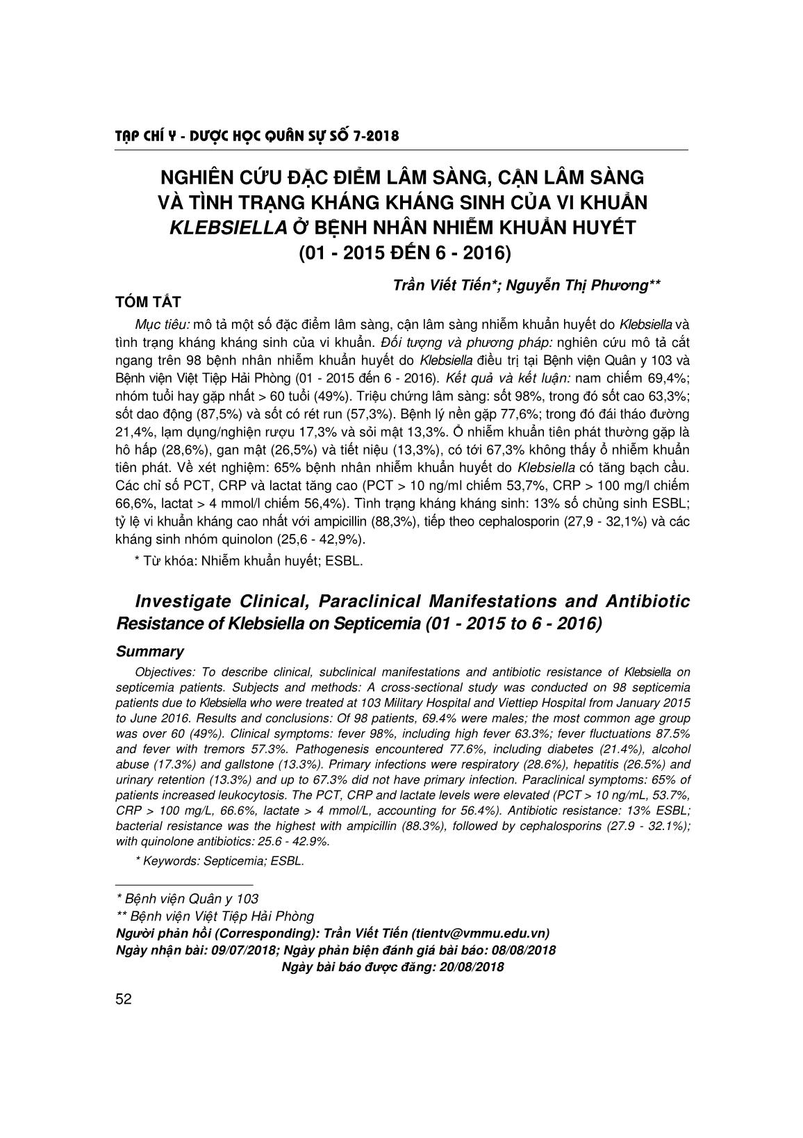 Nghiên cứu đặc điểm lâm sàng, cận lâm sàng và tình trạng kháng kháng sinh của vi khuẩn klebsiella ở bệnh nhân nhiễm khuẩn huyết (01 - 2015 đến 6 - 2016) trang 1