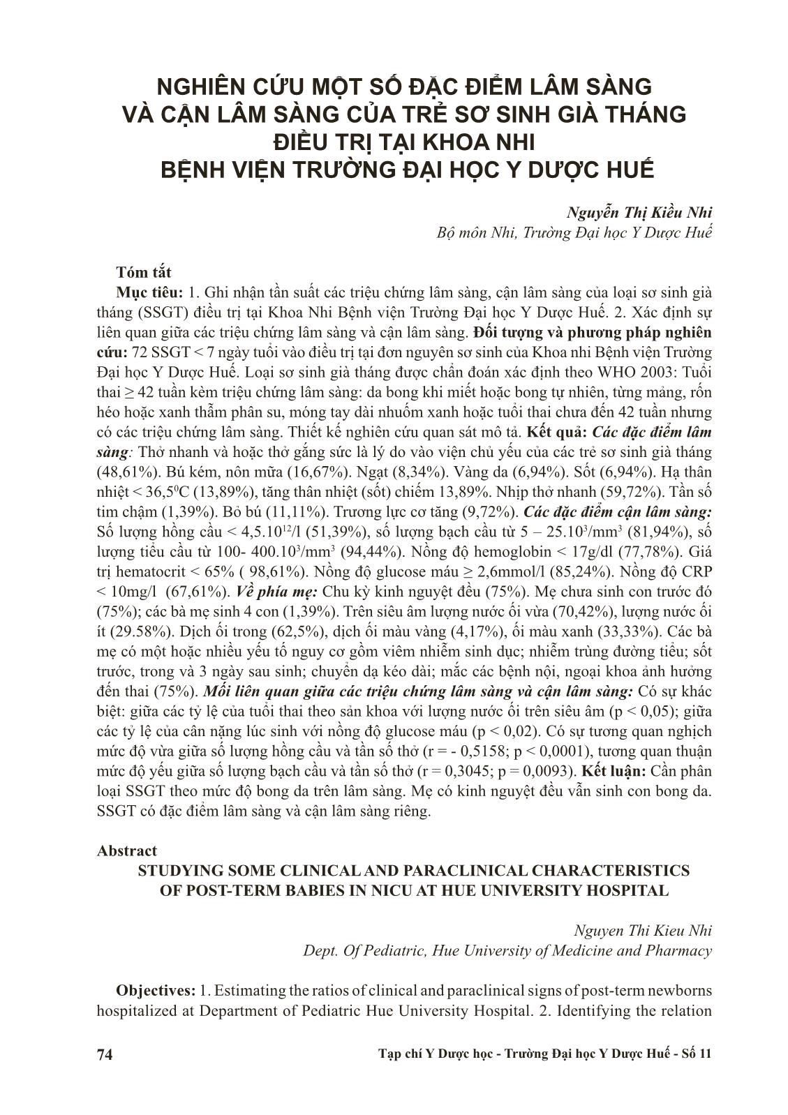 Nghiên cứu một số đặc điểm lâm sàng và cận lâm sàng của trẻ sơ sinh già tháng điều trị tại khoa nhi Bệnh viện Trường Đại học Y dược Huế trang 1