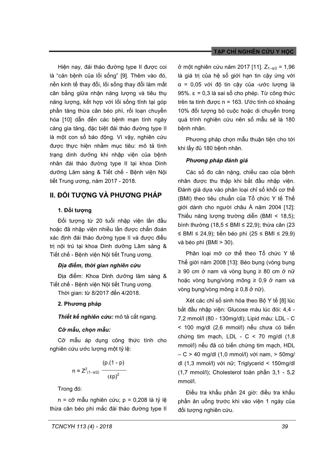 Tình trạng dinh dưỡng và một số yếu tố liên quan ở bệnh nhân đái tháo đường type II khi nhập viện tại Bệnh viện Nội tiết Trung ương, năm 2017 - 2018 trang 2