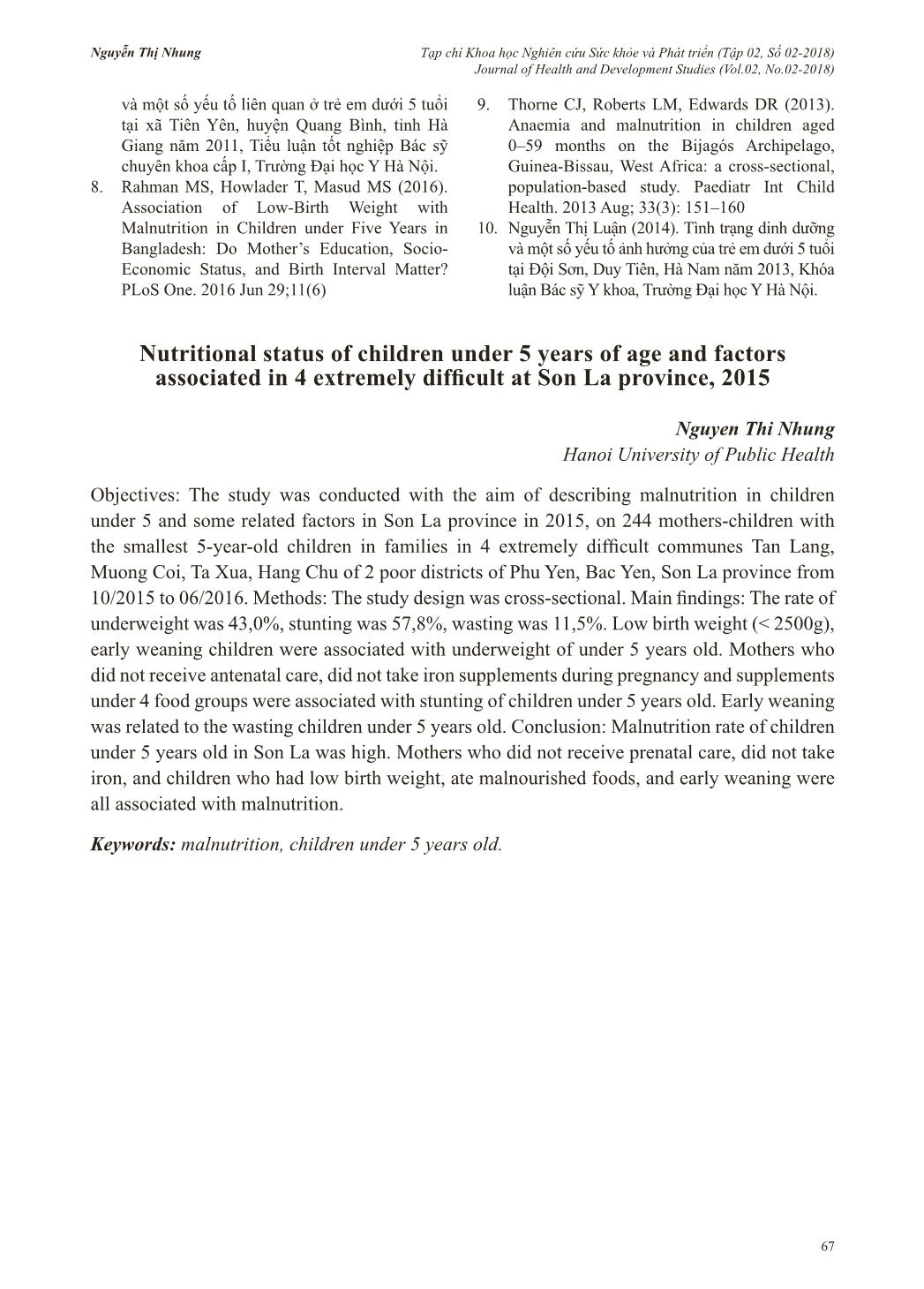 Tình trạng suy dinh dưỡng ở trẻ em dưới 5 tuổi và một số yếu tố liên quan tại 4 xã đặc biệt khó khăn của tỉnh Sơn La năm 2015 trang 10