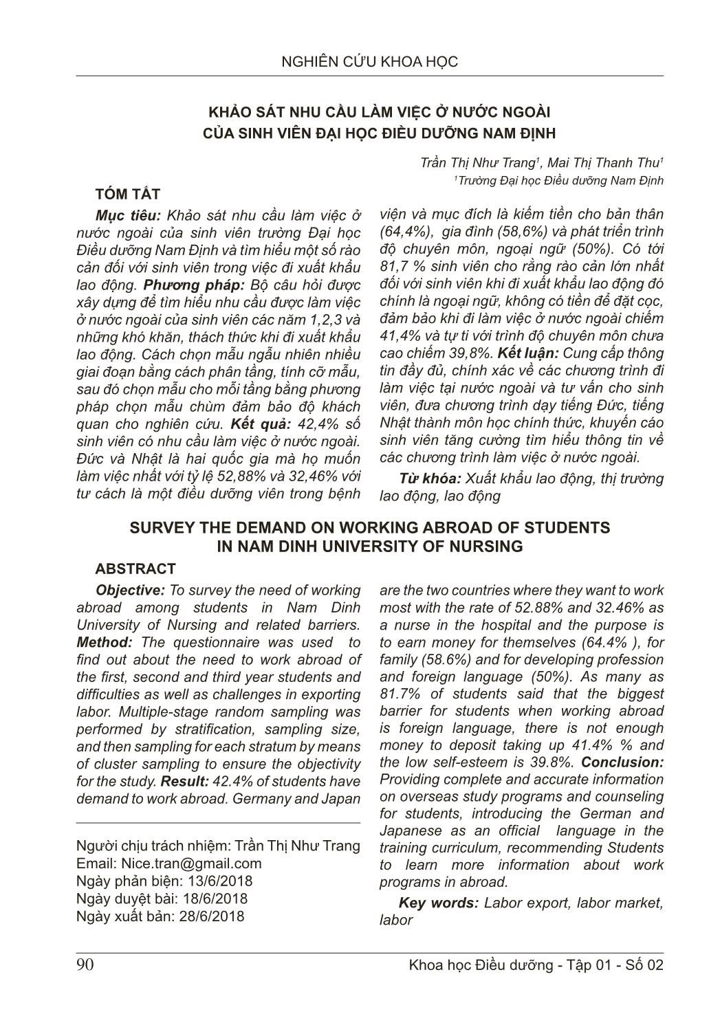 Khảo sát nhu cầu làm việc ở nước ngoài của sinh viên Đại học Điều dưỡng Nam Định trang 1