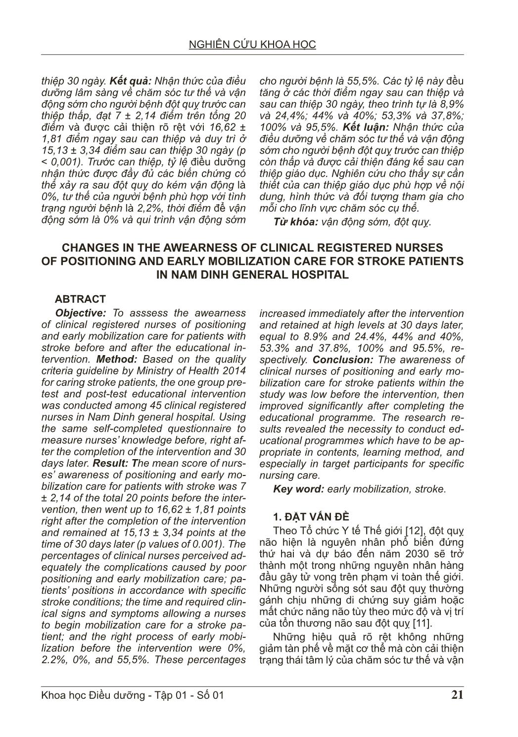 Thay đổi nhận thức của điều dưỡng lâm sàng về chăm sóc tư thế và vận động sớm cho người bệnh đột quỵ tại Bệnh viện Đa khoa tỉnh Nam Định trang 2