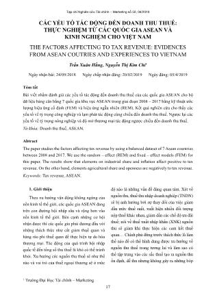 Các yếu tố tác động đến doanh thu thuế: Thực nghiệm từ các quốc gia Asean và kinh nghiệm cho Việt Nam