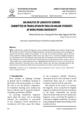 An analysis of linguistic errors committed in translation by English major students at hung vuong university