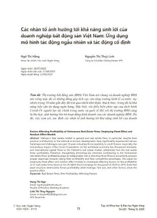 Các nhân tố ảnh hưởng tới khả năng sinh lời của doanh nghiệp bất động sản Việt Nam: Ứng dụng mô hình tác động ngẫu nhiên và tác động cố định