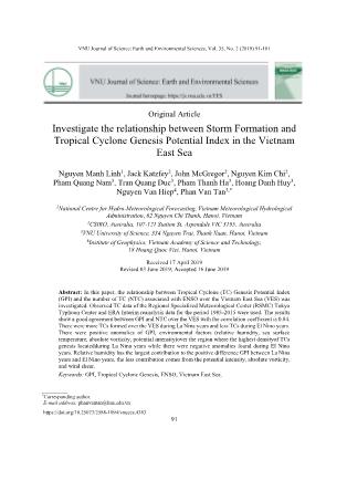 Investigate the relationship between Storm Formation and Tropical Cyclone Genesis Potential Index in the Vietnam East Sea