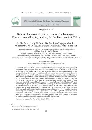 Một số phát hiện mới về di tích khảo cổ trong các thành tạo và di sản địa chất dọc thung lũng cổ sông Ba