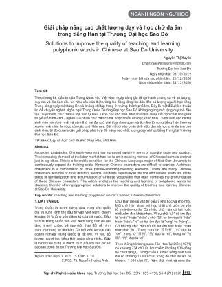 Giải pháp nâng cao chắt lượng dạy và học chữ đa âm trong tiếng Hán tại Trường Đại học Sao Đỏ Solutions to improve the quality of teaching and learning polyphonic words in Chinese at Sao Do University