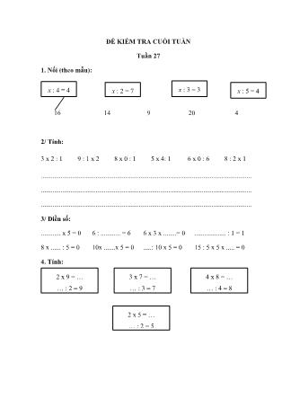 Đề kiểm tra cuối tuần 27 - Môn: Toán 2