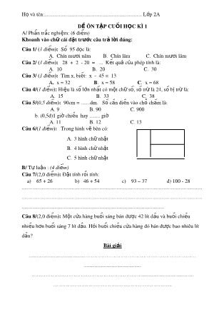 Đề ôn tập cuối học kì 1 - Môn: Toán