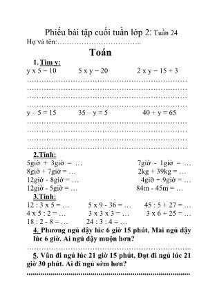 Phiếu bài tập cuối tuần lớp 2 - Tuần 24 - Môn: Toán + Tiếng Việt