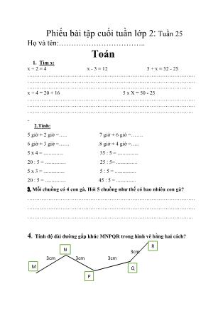 Phiếu bài tập cuối tuần lớp 2 - Tuần 25 - Môn: Toán + Tiếng Việt