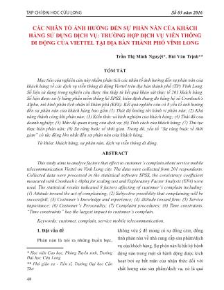 Các nhân tố ảnh hưởng đến sử phàn nàn của khách hàng sủ̉ dụng dịch vụ: Trường hợp dịch vụ viễn thông di động của viettel tại địa bàn Thành phố Vĩnh Long