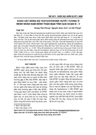 Khảo sát nồng độ testosterone huyết tương ở bệnh nhân nam bệnh thận mạn tính giai đoạn III - V