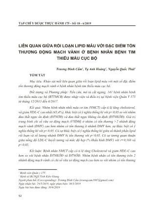 Liên quan giữa rối loạn Lipid máu với đặc điểm tổn thương động mạch vành ở bệnh nhân bệnh tim thiếu máu cục bộ