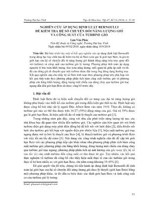 Nghiên cứu áp dụng định luật Bernoulli để kiểm tra hệ số chuyển đổi năng lượng gió và công suất của turbine gió