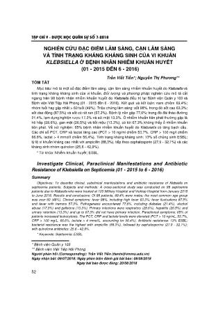 Nghiên cứu đặc điểm lâm sàng, cận lâm sàng và tình trạng kháng kháng sinh của vi khuẩn klebsiella ở bệnh nhân nhiễm khuẩn huyết (01 - 2015 đến 6 - 2016)