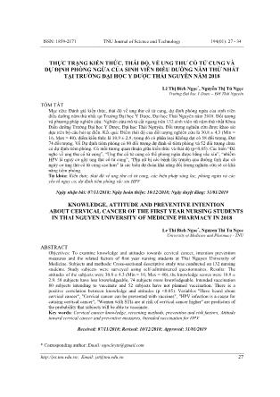 Thực trạng kiến thức, thái độ, về ung thư cổ tử cung và dự định phòng ngừa của sinh viên điều dưỡng năm thứ nhất tại Trường Đại học Y dược Thái Nguyên năm 2018