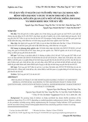 Tỷ lệ suy yếu ở người cao tuổi điều trị tại các khoa nội - Bệnh viện Đại học y dược TP HCM theo bộ câu hỏi groningen, mối liên quan giữa một số đặc điểm lâm sàng và nhân khẩu học với suy yếu